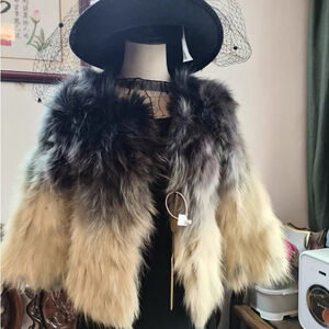Chic Real Tanuki/Racoon Dog Fur Coat/Jacket in Ombré Black and Tan S